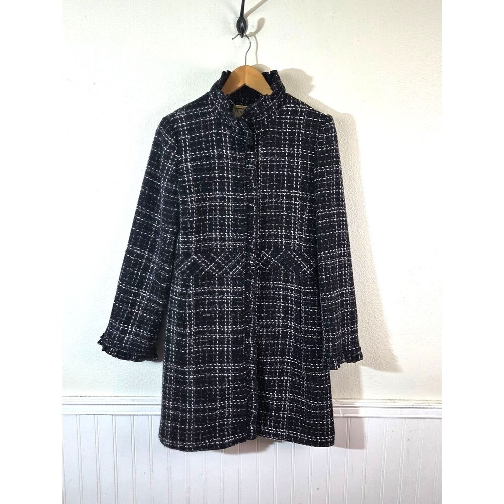 White House Black Market Tweed Long Coat Womens 6 Black White Clasp Front